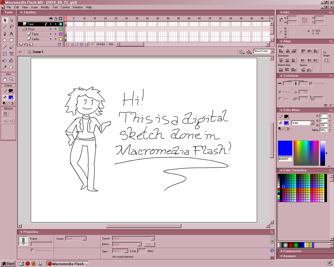 A rough sketch of a chibi-style girl gesturing to some text which reads: 'Hi!  This is a digital sketch done in Macromedia Flash!'.  The program window is visible framing the image.