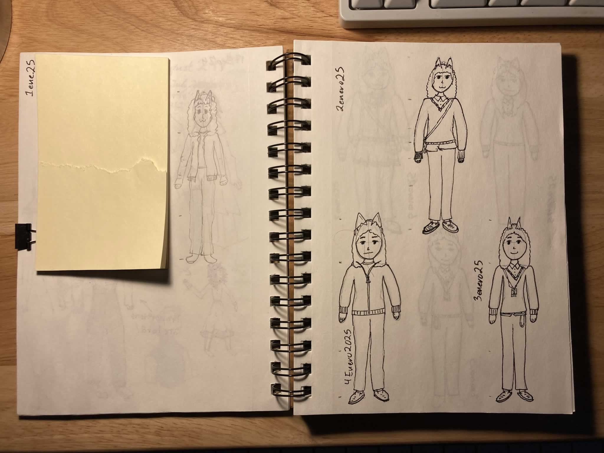 Four sketches of a person with cat ears, demonstrating their outfit from the first through fourth days of January.  First: Unzipped hoodie over a t-shirt.  Second: V-neck sweater over button up with a bag slung across the torso; The bottom of the button-up is visible below the sweater.  Third: V-neck sweater over a button up with a lanyard sticking out of a pant pocket, and a keycard hanging from the neckline rather than a bag slung; A little bit of the button up is visible beneat the sweater.  Fourth: Zipped hoodie over a t-shirt; The hoodie has a turtle-neck like height near the neck.