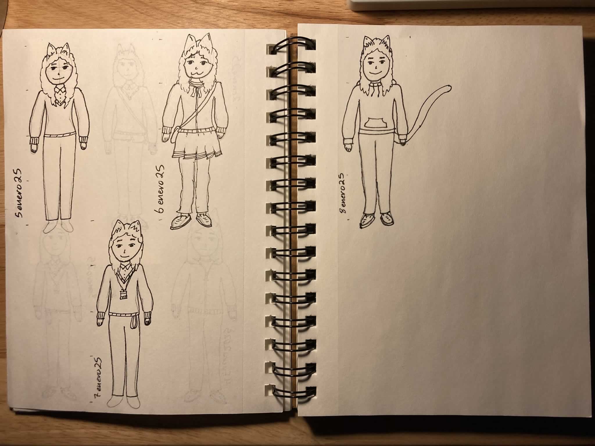 Four sketches of a person with cat ears, demonstrating their outfit from the fifth through eighth days of January.  Fifth: V-neck sweater over a button up.  Sixth: Hoodie with large strings and a pleated skirt over baggy pants with a purse slung across the torso.  Seventh: V-neck sweater over a button up, with keycard looped around the neckline and a lanyard sticking out of a pant pocket.  Eighth: Zipless hoodie with large front pockets; a tail is shown curling off to the side.