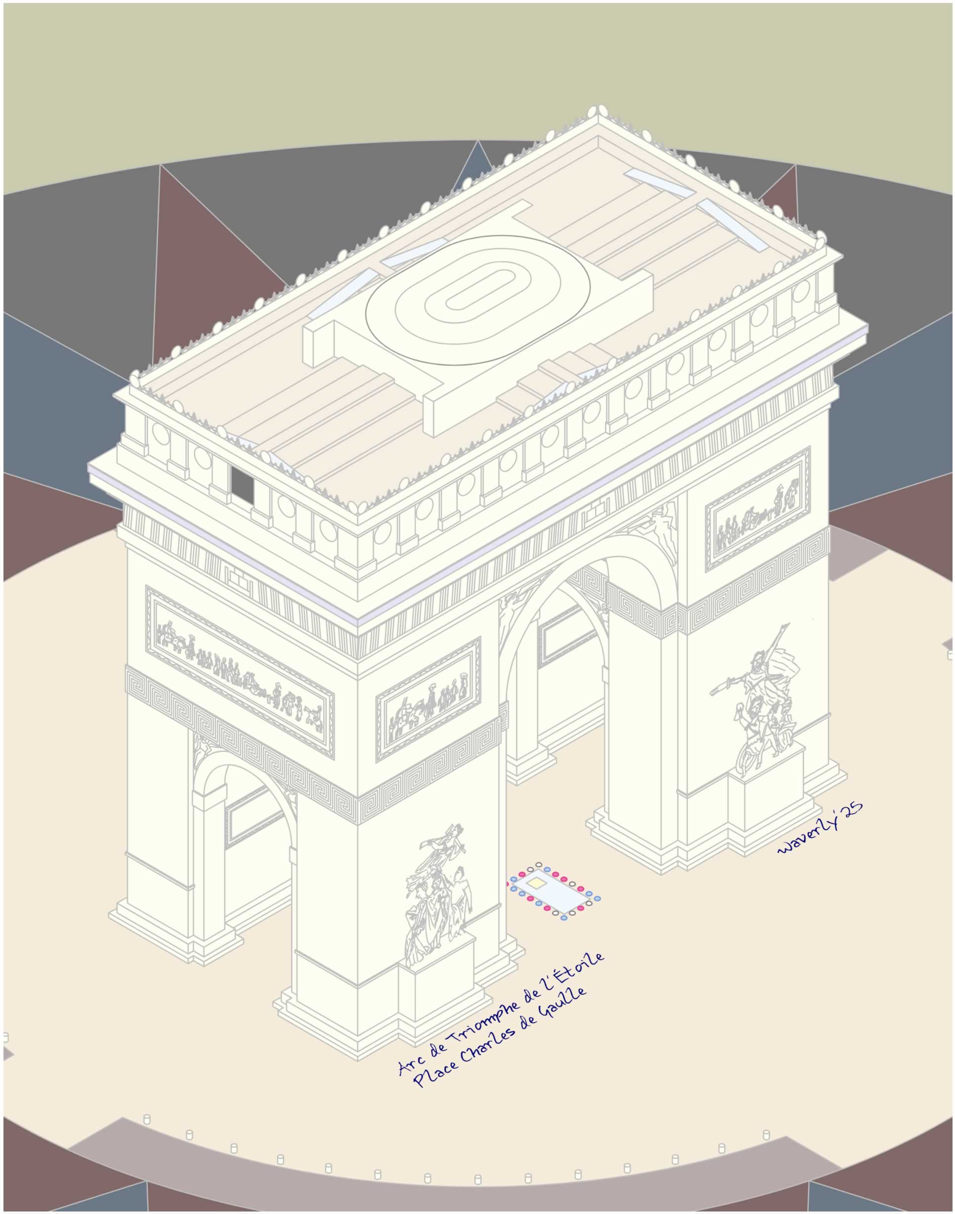 An isometric drawing of the Arc de Triomphe de l'Étoile. The arch has two visible entrances, one larger than the other. The larger entrance has two statues built into the walls on either side, and two mural-like wall decorations above them. The smaller entrance has one large mural-like wall decoration above it. The arch rises up out of a circular platform at the center of a roundabout.