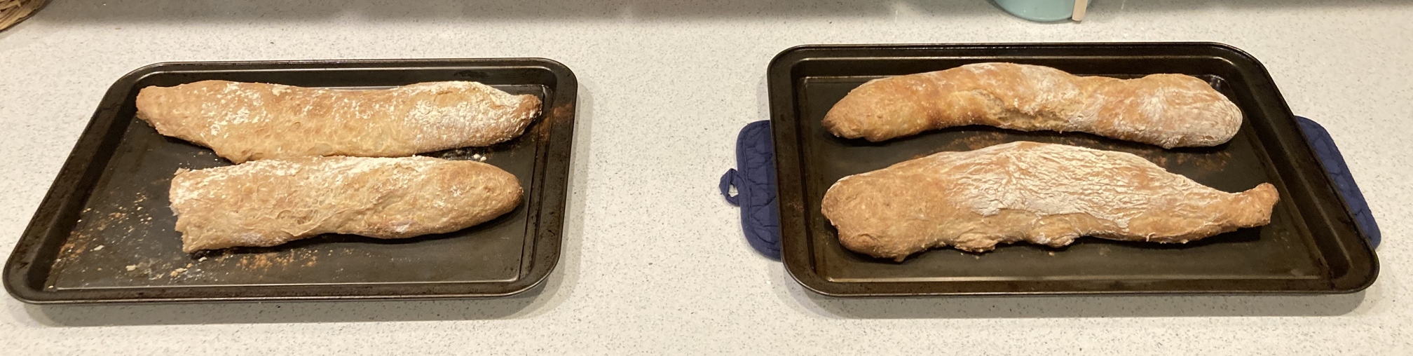 A photo of four loaves of french bread.