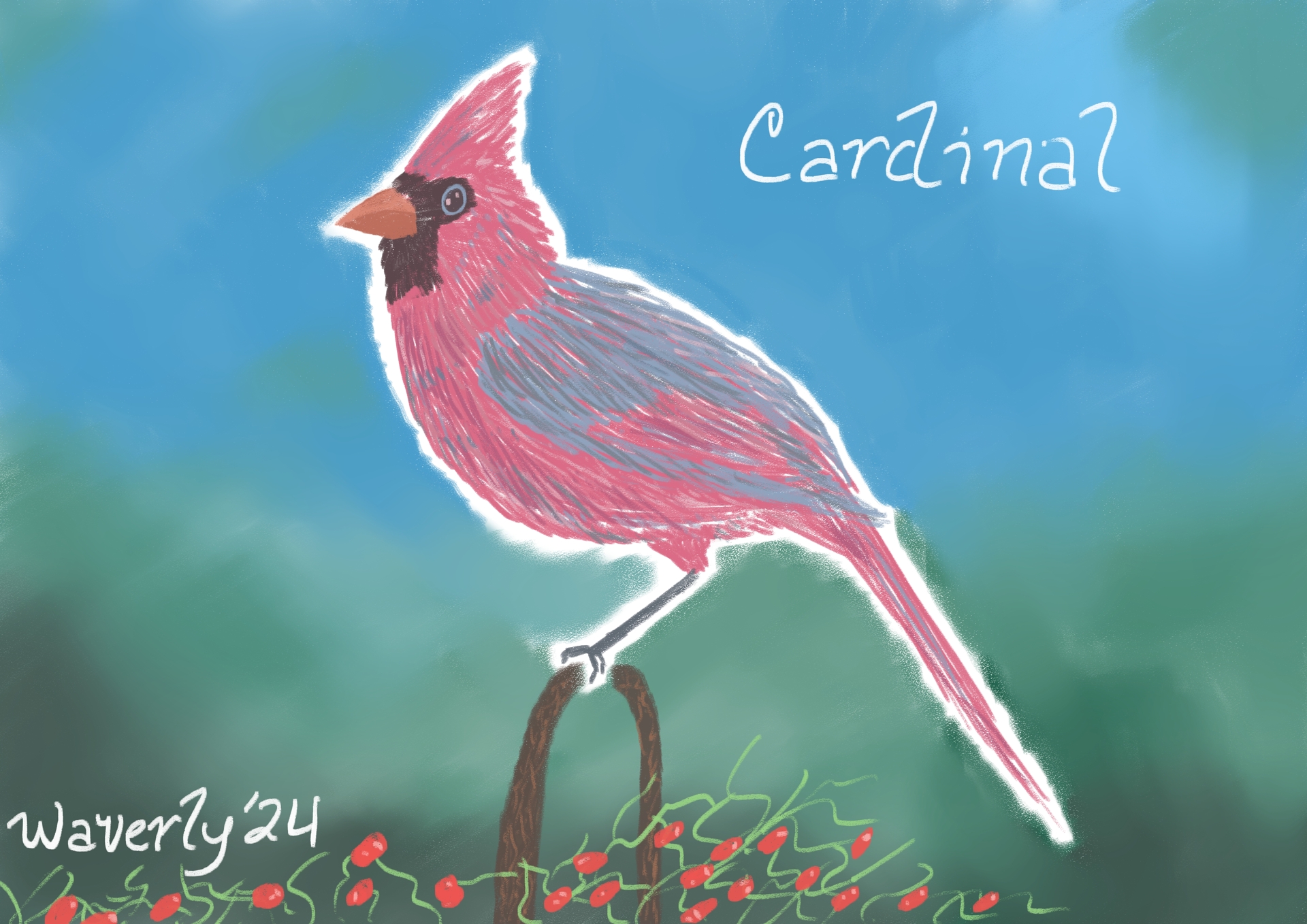 A sketch of a Cardinal (bird).  It has long feathers forming a sort of tuft at the top of its head.  Its grey wings contrast with the red body, and it has dark feathers around its eyes and beak.  It is sitting on a hook in a berry garden.