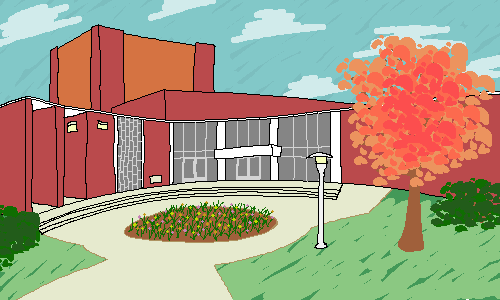 A brick building that curves around a circular garden.  shrubs sprout out where the building meets the ground, and a tree sits next to a lamp post.