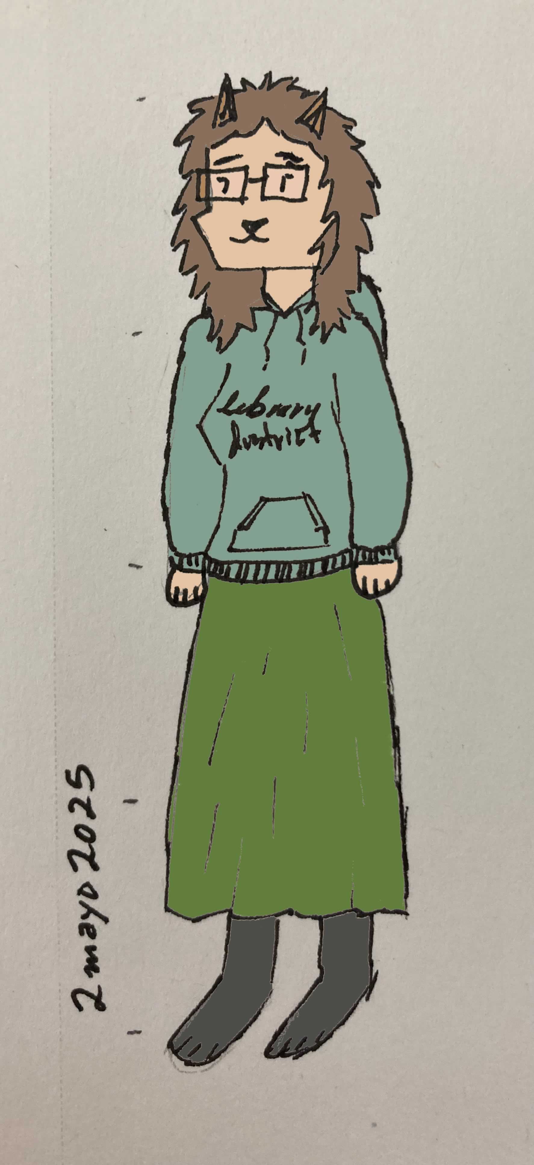 A colorized drawing of the previous catgirl.  her hoodie is light green and her skirt is olive colored.  Her hair is brown.  Her socks/feet are dark grey.