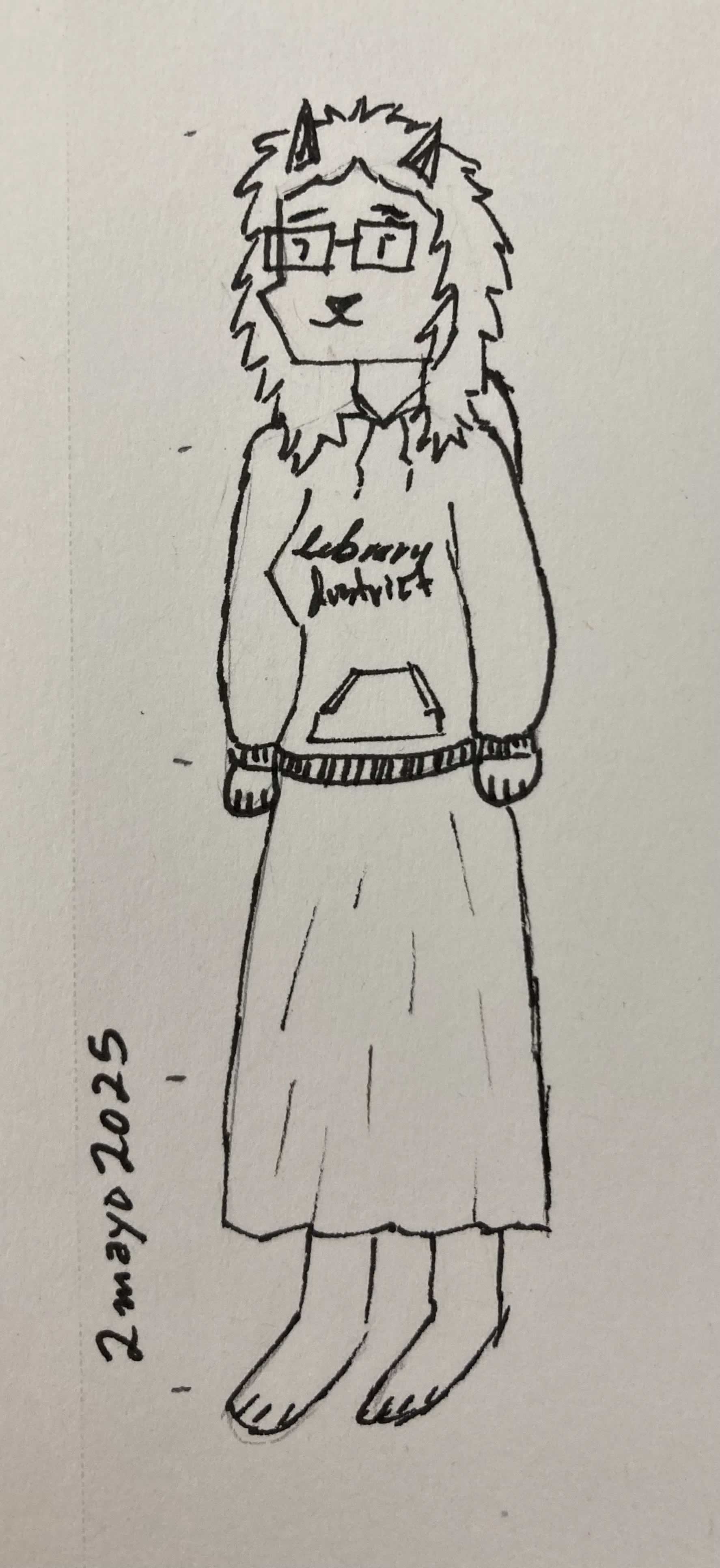 A drawing of a catgirl.  She is wearing a hoodie with the text 'library district' on it over a midi skirt.  Her hair is shoulder length and she has glasses.