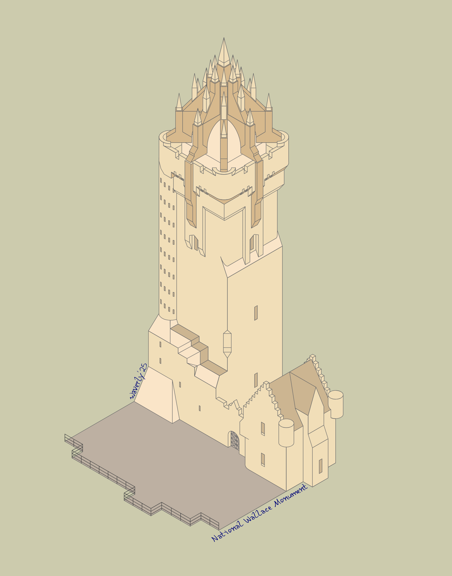 An isometric drawing of the National Wallace Monument.