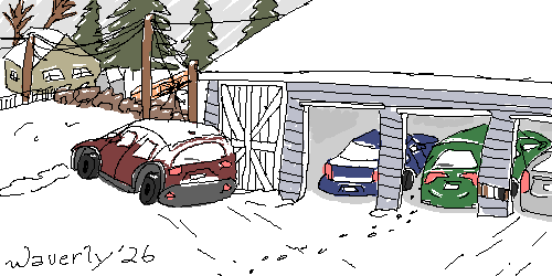 Four cars are parked near a snow-filled driveway.  Three are under a carport / open garage, and the other sits out in the open, covered in snow.