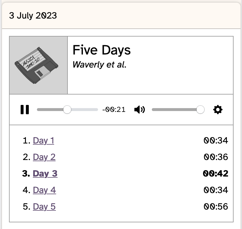 UI Example from plyr-album-playlist.  Album art in top left, album name in top right, controls and progress bar immediately below art and title, then list of songs below.  The third song is selected, 21 seconds of 42 seconds played.
